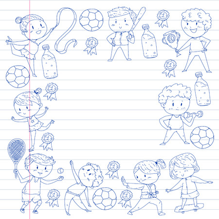 Children sport competitions. Young atheles playing soccer, football, baseball, basketball. Boys and girls running. Images of rhythic gymnastics, figure skatingのイラスト素材