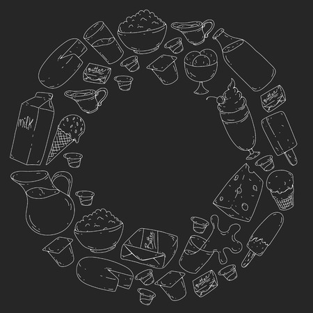 Dairy products. Doodle icons. Diet, breakfast. Milk, yogurt, cheese, ice cream, butter Eat fresh healthy food and be happyのイラスト素材