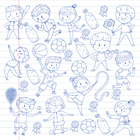 Children sport competitions. Young atheles playing soccer, football, baseball, basketball. Boys and girls running. Images of rhythic gymnastics, figure skatingのイラスト素材