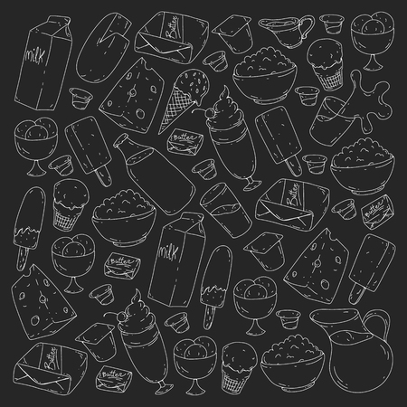Dairy products. Doodle icons. Diet, breakfast. Milk, yogurt, cheese, ice cream, butter Eat fresh healthy food and be happyのイラスト素材