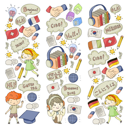 Language school for adult, kids. Children courses. English, Italian, Spanish, Japanese, Chinese Arabic German Play and studyのイラスト素材
