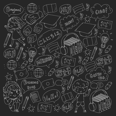 Language school for adult, kids. Children courses. English, Italian, Spanish, Japanese Chinese Arabic German Play and studyのイラスト素材