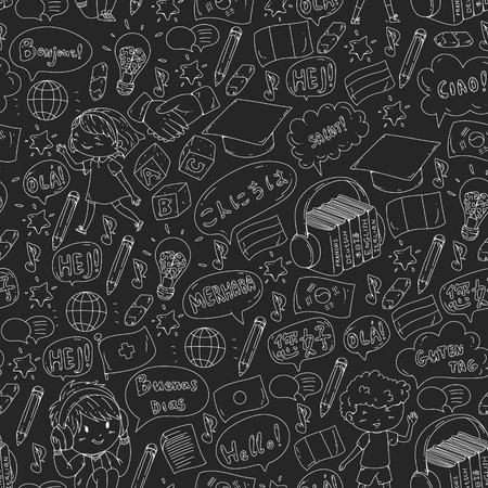 Language school for adult, kids. Children courses. English, Italian, Spanish, Japanese, Chinese Arabic German Play and studyのイラスト素材