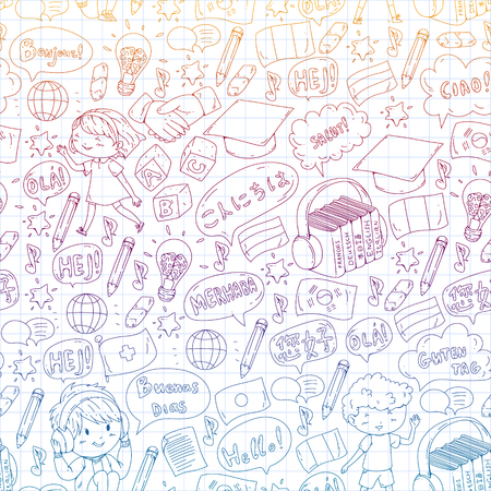 Language school for adult, kids. Children courses. English, Italian, Spanish, Japanese, Chinese Arabic German Play and studyのイラスト素材