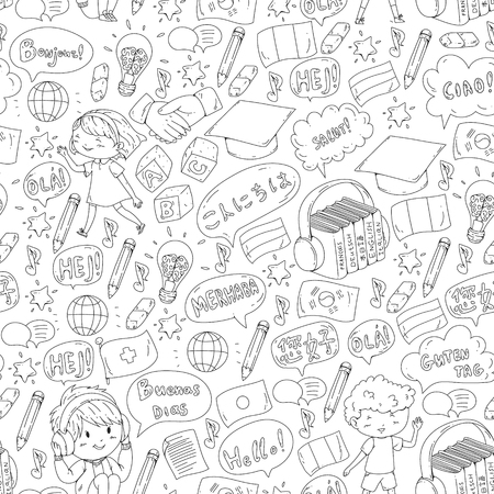 Language school for adult, kids. Children courses. English, Italian, Spanish, Japanese, Chinese Arabic German Play and studyのイラスト素材