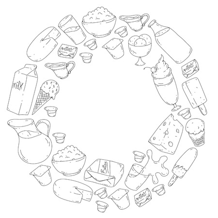 Dairy products. Doodle icons. Diet, breakfast. Milk, yogurt, cheese, ice cream, butter Eat fresh healthy food and be happyのイラスト素材