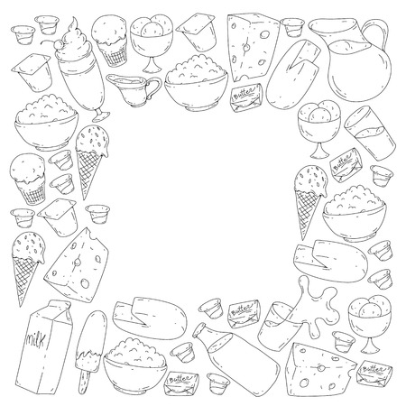 Dairy products. Doodle icons. Diet, breakfast. Milk, yogurt, cheese, ice cream, butter Eat fresh healthy food and be happyのイラスト素材