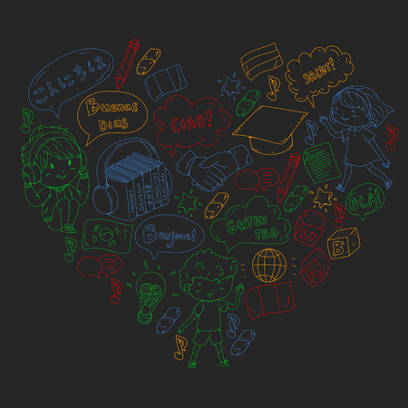 Language school for adult, kids. Children courses. English, Italian, Spanish, Japanese, Chinese Arabic German Play and studyのイラスト素材