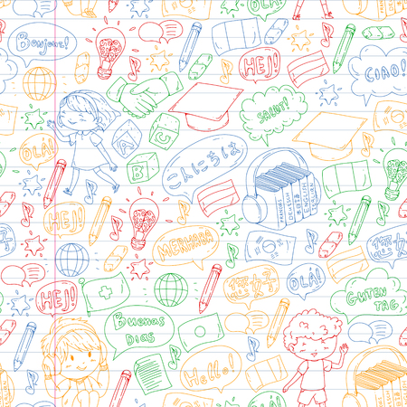 Language school for adult, kids. Children courses. English, Italian, Spanish, Japanese, Chinese Arabic German Play and studyのイラスト素材