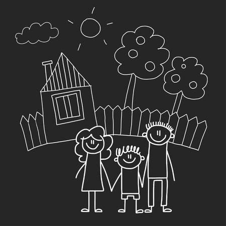 Happy family with house. Kids drawing style vector illustration isolated on blackboard background. Mother, father, sister, brotherのイラスト素材