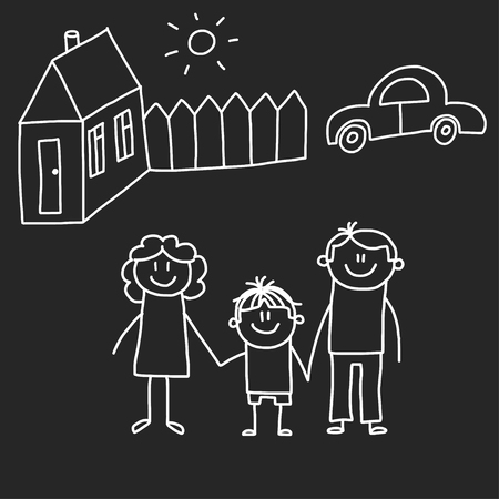 Happy family with house. Kids drawing style vector illustration isolated on blackboard background.のイラスト素材