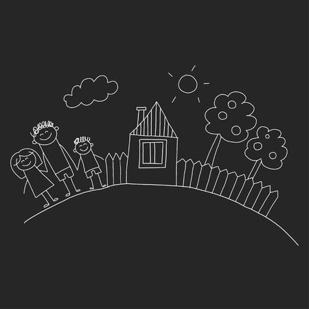 Happy family with house. Kids drawing style vector illustration isolated on blackboard background. Mother, father, sister, brotherのイラスト素材