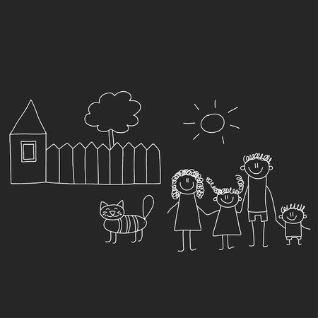 Happy family with house. Kids drawing style vector illustration isolated on blackboard background. Mother, father, sister, brotherのイラスト素材
