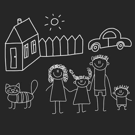 Happy family with house. Kids drawing style vector illustration isolated on blackboard background. Mother, father, sister, brotherのイラスト素材