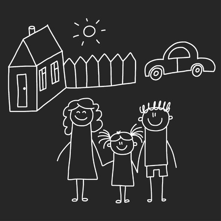 Happy family with house. Kids drawing style vector illustration isolated on blackboard background. Mother, father, sister, brotherのイラスト素材