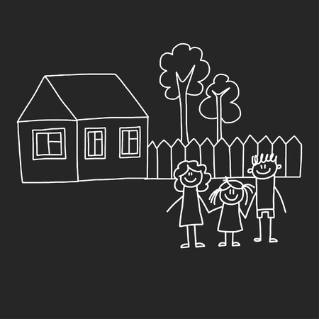 Happy family with house. Kids drawing style vector illustration isolated on blackboard background. Mother, father, sister, brotherのイラスト素材