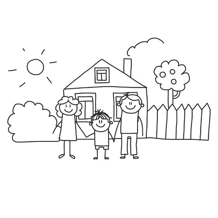 Happy family with children. Kids drawing style vector illustration. Mother, father, sister, brotherのイラスト素材
