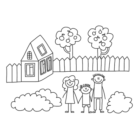 Happy family with children. Kids drawing style vector illustration. Mother, father, sister, brotherのイラスト素材