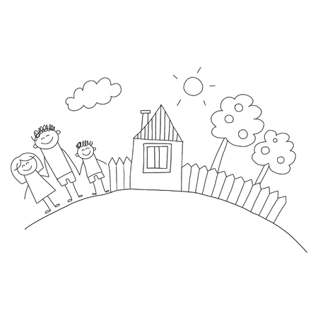 Happy family with children. Kids drawing style vector illustration. Mother, father, sister, brotherのイラスト素材