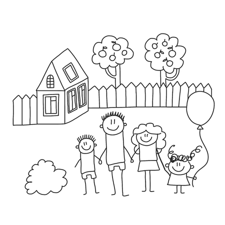 Happy family with children. Kids drawing style vector illustration. Mother, father, sister, brotherのイラスト素材