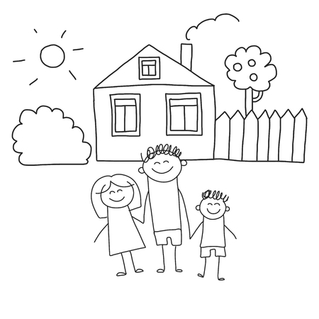 Happy family with children. Kids drawing style vector illustration. Mother, father, sister, brotherのイラスト素材