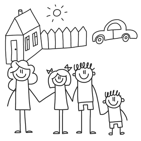 Happy family with children. Kids drawing style vector illustration. Mother, father, sister, brotherのイラスト素材