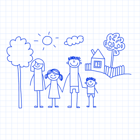Happy family with small children and houseのイラスト素材