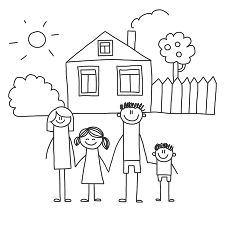 Happy family with children. Kids drawing style vector illustration. Mother, father, sister, brotherのイラスト素材