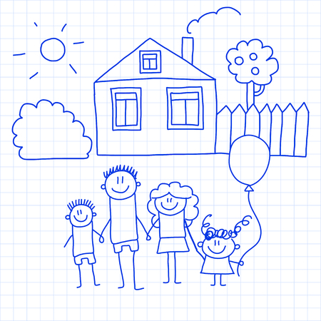 Happy family with small children and houseのイラスト素材