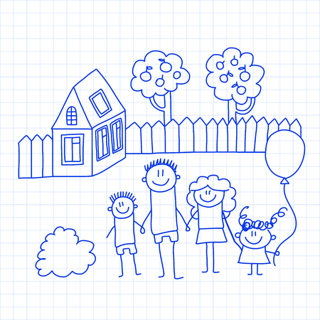 Happy family with small children and houseのイラスト素材