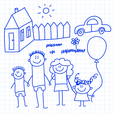 Happy family with small children and houseのイラスト素材