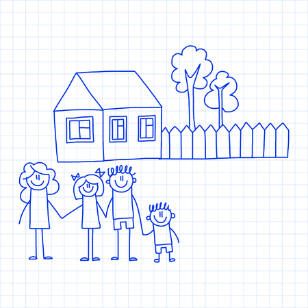 Happy family with small children and houseのイラスト素材