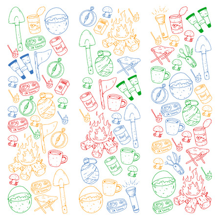 Camping, hiking, scouts. Vector set of doodle icons. Adventure at forest and nature with compass, tent, tincans. Pattern with colorful elementsのイラスト素材