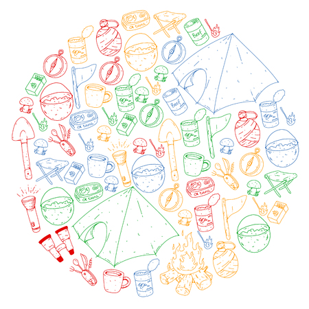 Camping, hiking, scouts. Vector set of doodle icons. Adventure at forest and nature with compass, tent, tincans. Pattern with colorful elementsのイラスト素材