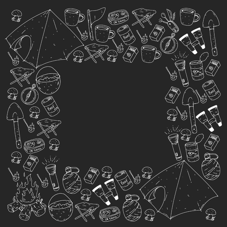 Camping, hiking, scouts. Vector set of doodle icons. Adventure at forest and nature with compass, tent, tincans. Blackboard chalk illustrationのイラスト素材