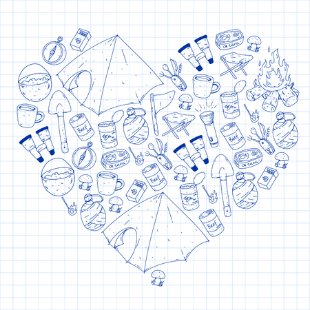 Camping, hiking, scouts. Vector set of doodle icons. Adventure at forest and nature with compass, tent, tincans. Pattern with colorful elementsのイラスト素材