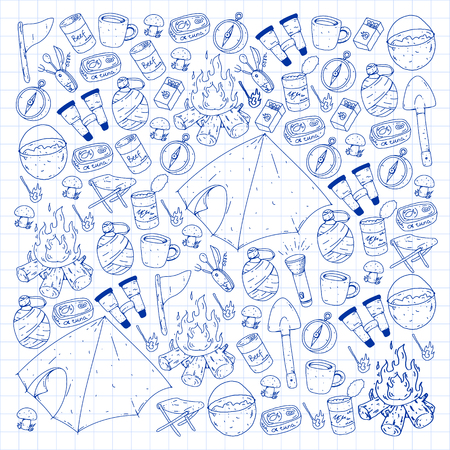 Camping, hiking, scouts. Vector set of doodle icons. Adventure at forest and nature with compass, tent, tincans. Pattern with colorful elementsのイラスト素材