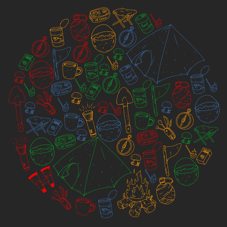 Camping, hiking, scouts. Vector set of doodle icons. Adventure at forest and nature with compass, tent, tincans. Pattern with colorful elementsのイラスト素材