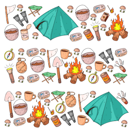 Camping, hiking, scouts. Vector set of doodle icons. Adventure at forest and nature with compass, tent, tincans.のイラスト素材