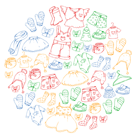 Children clothing and fashion. Dress, skirt, shorts. scarf, trousers for boys and girls. Kids fashion. Summer, winter spring autumn saleのイラスト素材