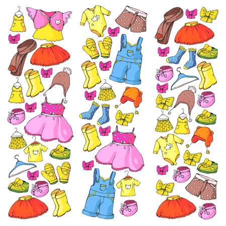 Children clothing and fashion. Dress, skirt, shorts. scarf, trousers for boys and girls. Kids fashion. Summer, winter spring autumn saleのイラスト素材