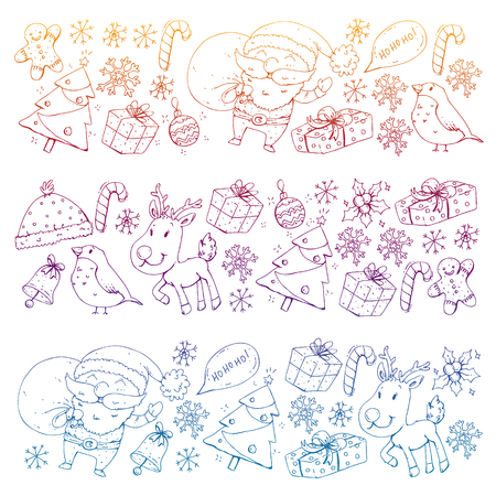 Winter Christmas vector pattern. Icons of Santa, snowman, deer, bell Christmas treeのイラスト素材