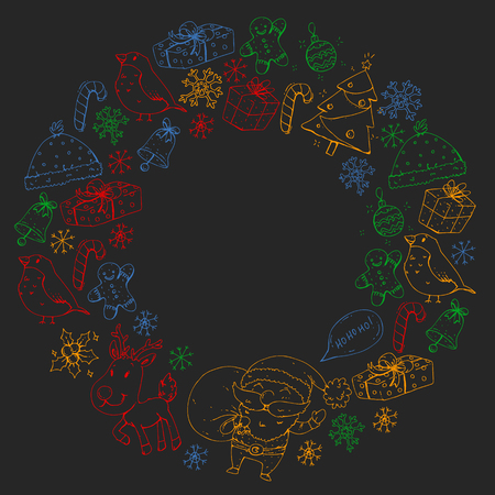 Winter Christmas vector pattern. Icons of Santa, snowman, deer, bell Christmas treeのイラスト素材