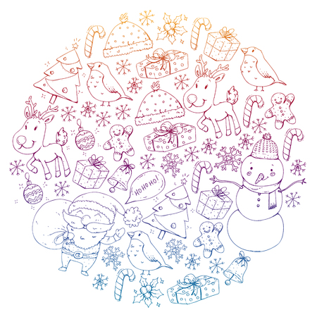 Winter Christmas vector pattern. Icons of Santa, snowman, deer, bell Christmas treeのイラスト素材
