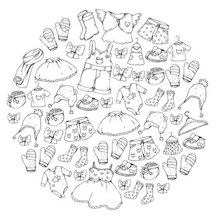 Children clothing and fashion. Dress, skirt, shorts. scarf, trousers for boys and girls. Kids fashion. Summer winter spring autumn saleのイラスト素材