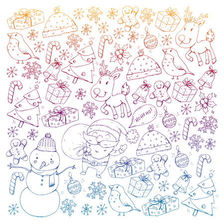 Winter Christmas vector pattern. Icons of Santa, snowman, deer, bell Christmas treeのイラスト素材