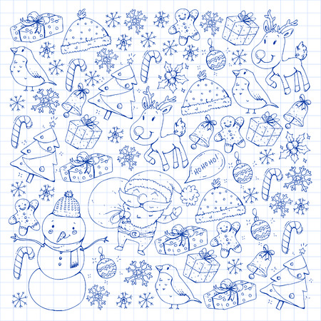 Winter Christmas vector pattern. Icons of Santa, snowman, deer, bell Christmas treeのイラスト素材