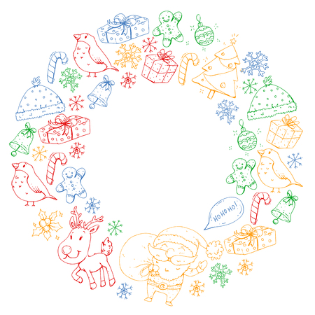 Winter Christmas vector pattern. Icons of Santa, snowman, deer, bell Christmas treeのイラスト素材