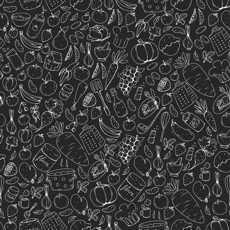 Kitchen and cooking seamless pattern. Icons of food and drinkのイラスト素材