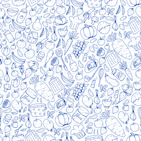 Kitchen and cooking seamless pattern. Icons of food and drinkのイラスト素材